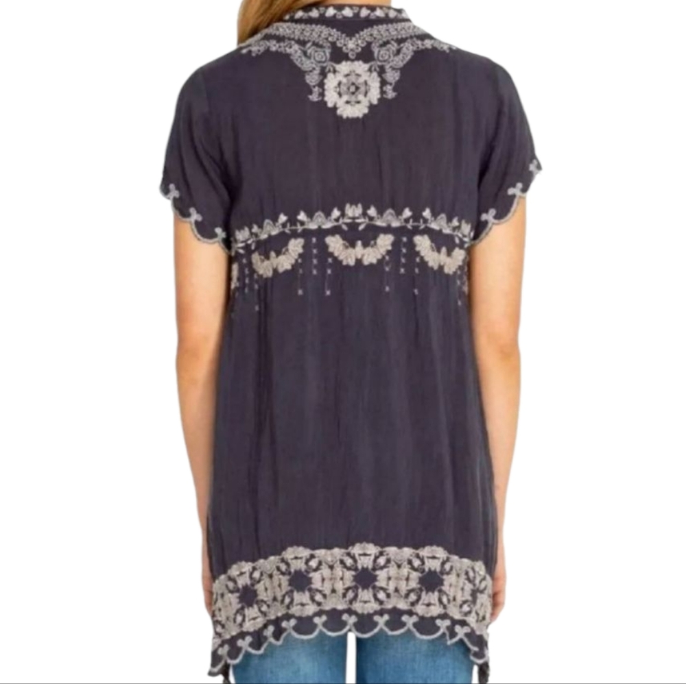 JOHNNY WAS Fletcher Embroidered Tunic Top Blue Grey Oversized Small - Picture 3 of 12